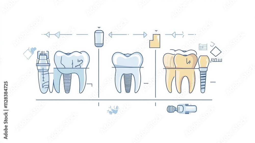 Poster three-stage illustration of the dental implant process showcases the steps with clear visuals and sp