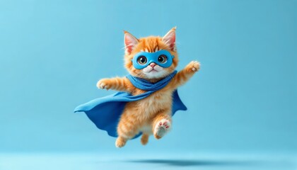 Superhero Cat Action Pose Indoor Studio Pet Photography Blue Background Playful Atmosphere Fun Concept for Cat Lovers