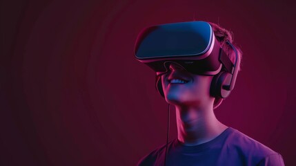 A young man wearing opaque virtual reality goggles, tilting head back in amazement