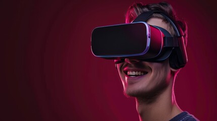 A young man wearing opaque virtual reality goggles, tilting head back in amazement