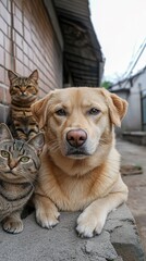 A brown dog is laying on a cement wall next to two cats