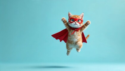 Superhero Cat in Action Studio Setting Digital Art Playful Environment Bright Colors Whimsical Concept for Cat Lovers