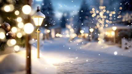 Winter night with glowing street lamps, snow-covered cobblestone streets, festive atmosphere 