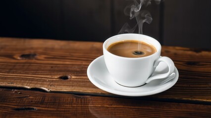 Invigorating Morning: A Cup of Steaming Hot Coffee on a Rustic Wood Table