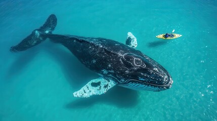 Naklejka premium Aerial view of a humpback whale swimming in turquoise water, a kayak is nearby. Illustrates the immense size and beauty of whales, promoting ocean conservation.
