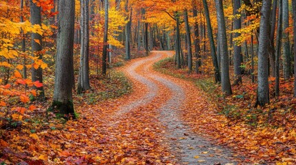 Obraz premium Scenic autumn pathway journey enchanting forest panoramic banner mockup design vibrant color palette nature's beauty captivating viewpoint seasonal concept for marketing impact