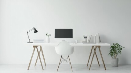 Panoramic banner mockup featuring a minimalist white desk setup with computer indoor plant and desk lamp in a bright office environment for creative design inspiration