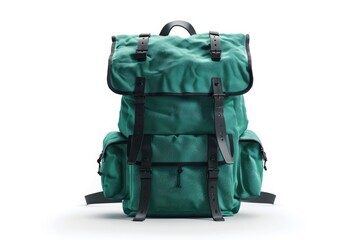 Green backpack with black straps isolated on white background.