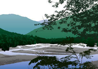 緑豊かな自然の山と蛇行する清流の風景