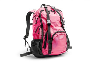Fototapeta premium Pink backpack with black straps isolated on white background.