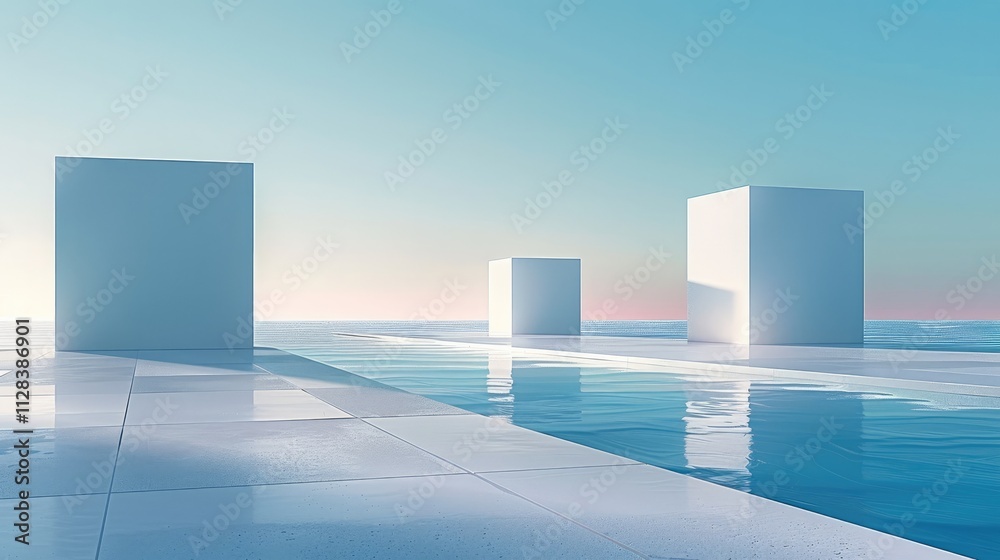 Aufkleber a minimalist scene of three cube-shaped buildings on the horizon.