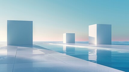 Obraz premium A minimalist scene of three cube-shaped buildings on the horizon.