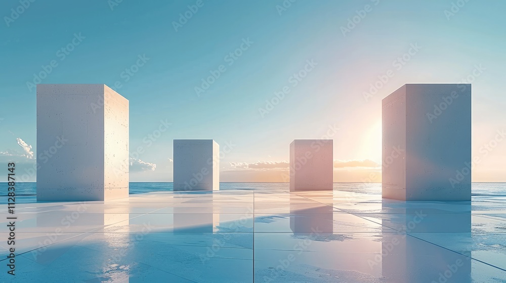 Poster a minimalist scene of three cube-shaped buildings on the horizon.