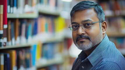 Fototapeta premium An editorial writer from India preparing a passionate column in a quiet library