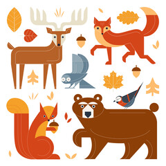 Wild Forest Animals and Geometric Woodland Birds