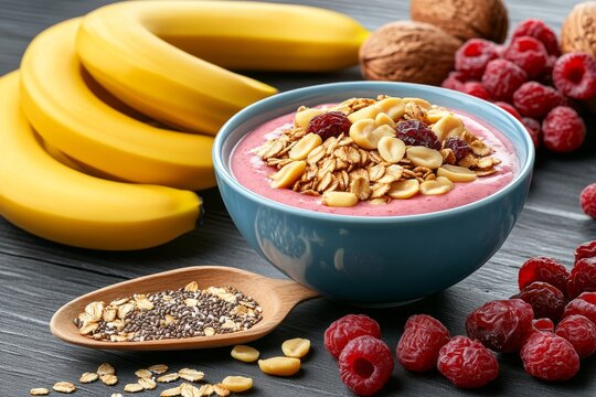  Suntuoso taz&oacute;n de batido de pl&aacute;tano y frambuesa decorado con avena y semillas.
