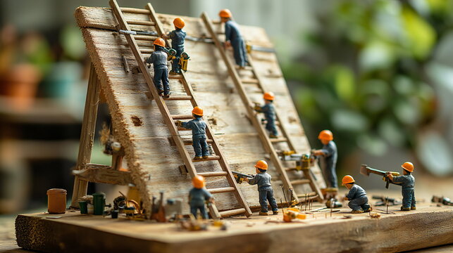 Miniature construction scene with workers using ladders and tools in a detailed workshop setting