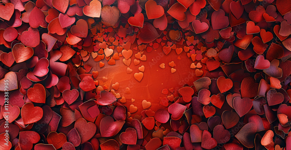 Poster A background with lots of hearts, forming the shape and colors of a heart in red tones. The center is decorated with empty space for text. top view.