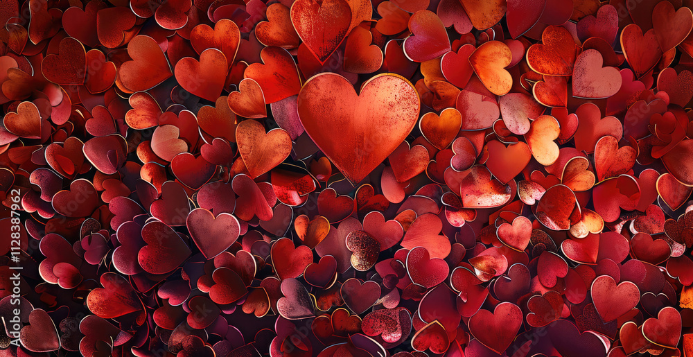Poster A background with lots of hearts, forming the shape and colors of a heart in red tones. The center is decorated with empty space for text. top view.