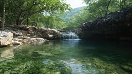 Naklejka premium Serene Nature Scene: Majestic Waterfall Flowing into Crystal-Clear Pool Amidst Lush Forest