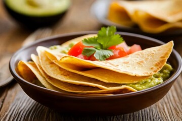 Tortillas crujientes servidas con guacamole fresco y decoradas con tomate y cilantro.

