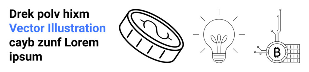 Cryptocurrency coin, light bulb, circuit board with Bitcoin symbol. Ideal for finance, technology, innovation, cryptocurrency, blockchain, digital wallets, investment Landing page