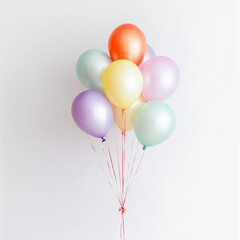 Un bouquet de ballons aux couleurs pastel et vives, attach&eacute;s par des rubans, se d&eacute;tache sur un fond blanc.