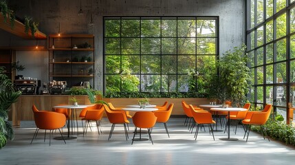 Modern cafe interior featuring orange chairs and white round tables, stylish design.