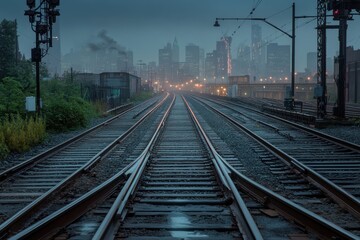 Fototapeta premium Urban train tracks lead to a city skyline under a moody evening sky
