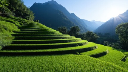 Lush terraced rice fields stretch across hills, bathed in sunlight, showcasing vibrant greens against a backdrop of majestic mountains