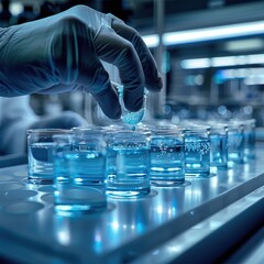 A technician wearing a glove carefully adds a drop of blue liquid to several glass containers filled with powder samples, showcasing the intricate work in a luminous white laboratory.