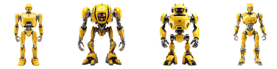 Standing yellow robot isolated on transparent background, Set of