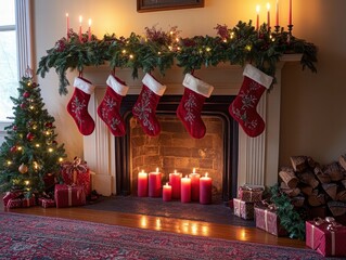 Adorn Your Christmas Mantlepiece A Festive Display of Red Candles and Greenery in a Cozy Living Room