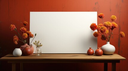 A white board sits on a wooden table with a vase of flowers in front of it