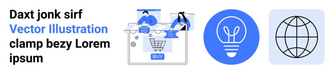 Two people shopping online via desktop, lightbulb representing ideas or innovation, globe symbolizing global connectivity. Ideal for e-commerce, online shopping, innovation, global business