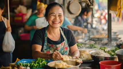 Asian chefs laughing while crafting intricate dishes in colorful, bustling kitchens