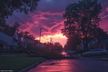 Trees and power lines downed by lightning in suburban street, large tree blocking road, dramatic sky with dark clouds and pink lightning effects.