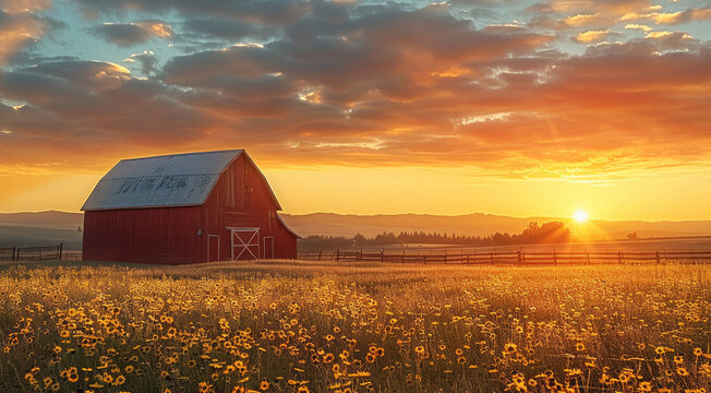 A landscape featuring a red barn at sunrise in the prairie.
