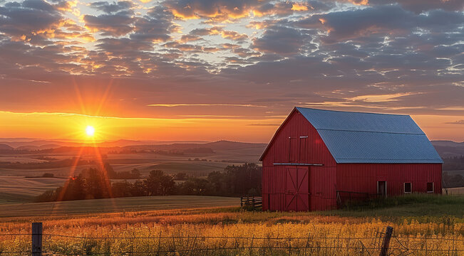 A landscape featuring a red barn at sunrise in the prairie.