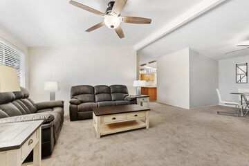 Living room interior featuring modern furnishings and natural lighting in a cozy apartment