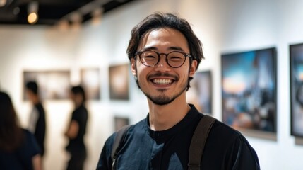 Obraz premium Asian photographers, smiling warmly while presenting portfolios in modern gallery spaces