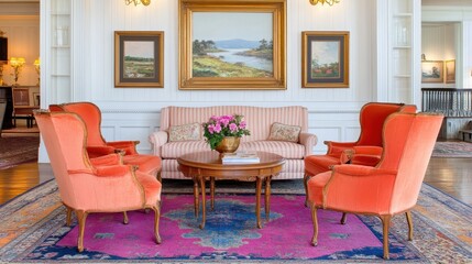 Fototapeta premium Cozy Coastal Living Room with Vibrant Decor