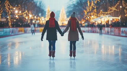 Couple Ice Skating in Matching Red Scarves at Christmas Market Romantic Scene Festive Atmosphere Winter Wonderland Togetherness