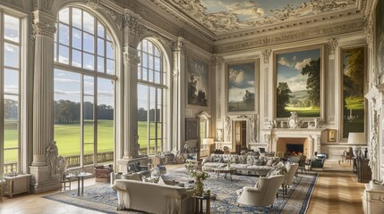 Naklejka premium Magnificent Interior of a Historic Mansion with Stunning Landscape Views