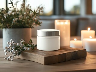 A luminous body balm jar styled with glowing candles and spalike props