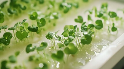 Freshly watered microgreens thriving in a single tray showing vibrant growth and healthy leaves in a well-lit indoor garden setting