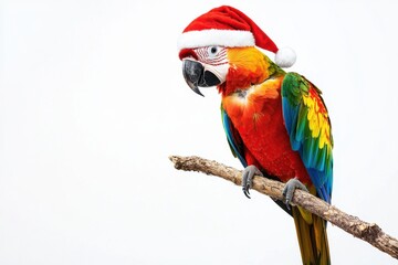 Obraz premium Parrot perched on a branch wearing a tiny Santa hat on isolated white background