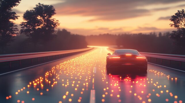 Futuristic and calming highway scene featuring a car surrounded by softly glowing safety icons (ABS, ASR, ESP, EBD, TCS, Hill Holder, and Driver Fatigue Detection). 