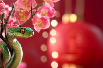 Fototapeta premium Cute green snake, Chinese new year celebration, orchid flower, red background.