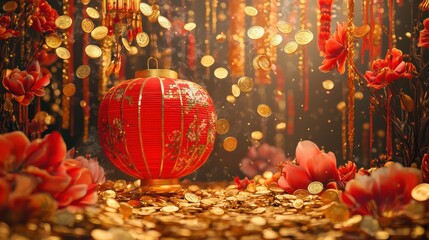 Red lantern surrounded by goldencoins and intricate floral motifs in the backdrop